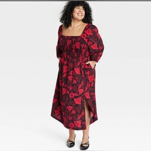 Latino Heritage Month Red Floral Puff Sleeve Smocked Pockets Midi Dress XL NWT